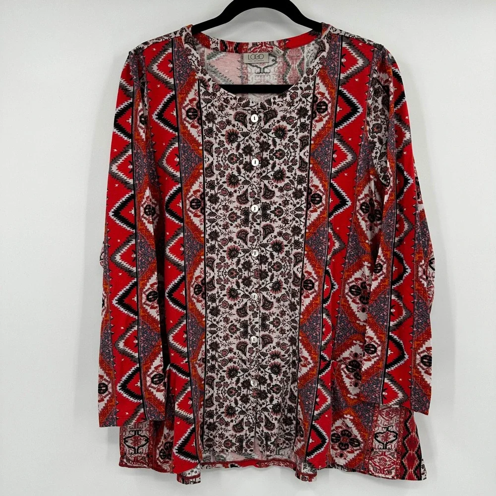 LOGO Lori Goldstein Red Mixed Print Button Front Cardigan Top XL Womens